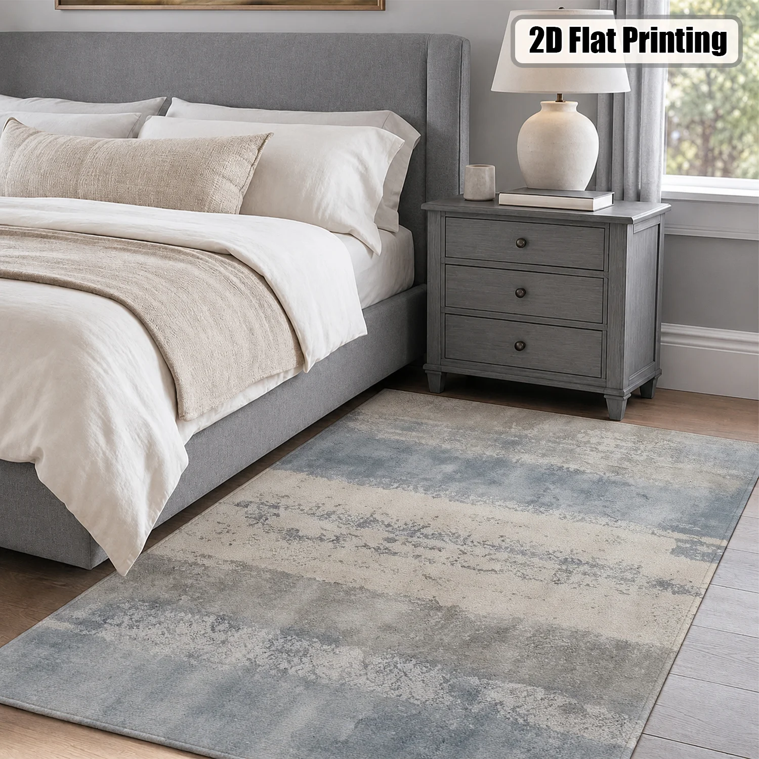 Large Indoor Area Rug, Soft Velvet Low Pile Rug with Non-slip Dotted Backing, Machine Washable Abstract Vertical Striped Rug in Light Blue Gray Beige for Living Room Bedroom Home Decor