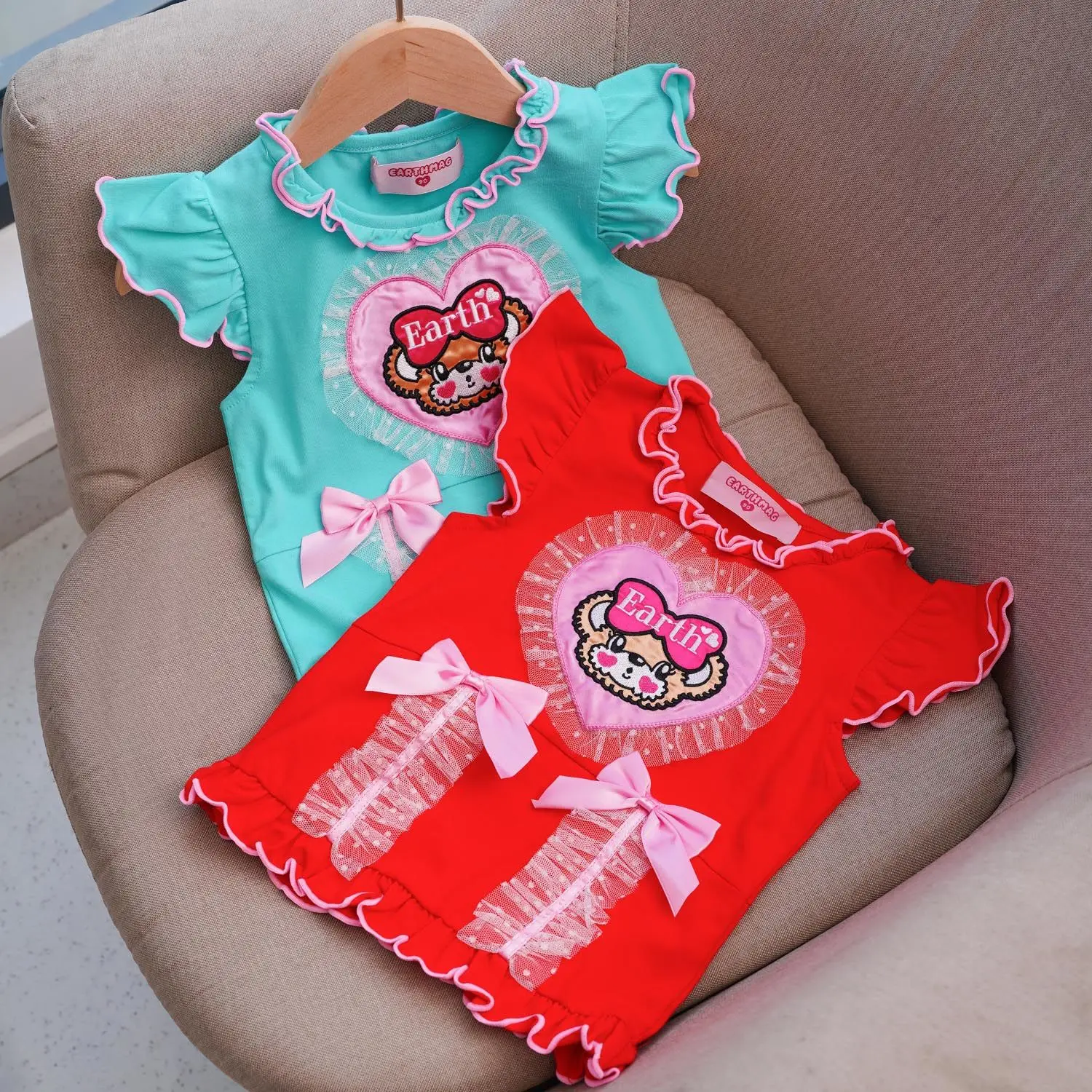 Japanese Trendy Cartoon Heart-shaped Bear Flying Sleeve Cotton T-shirt Summer Sweet Girl Mommy and Daughter Matching Clothes