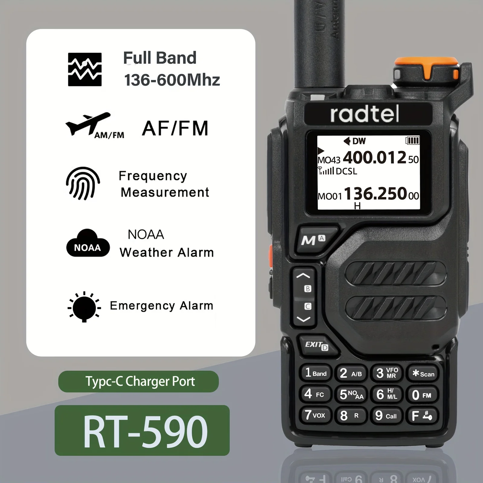 Radtel RT-590 Air Band Walkie Talkie Amateur Ham Estación de radio bidireccional UHF VHF 200CH Banda completa HT con canal NOAA AM Satcom