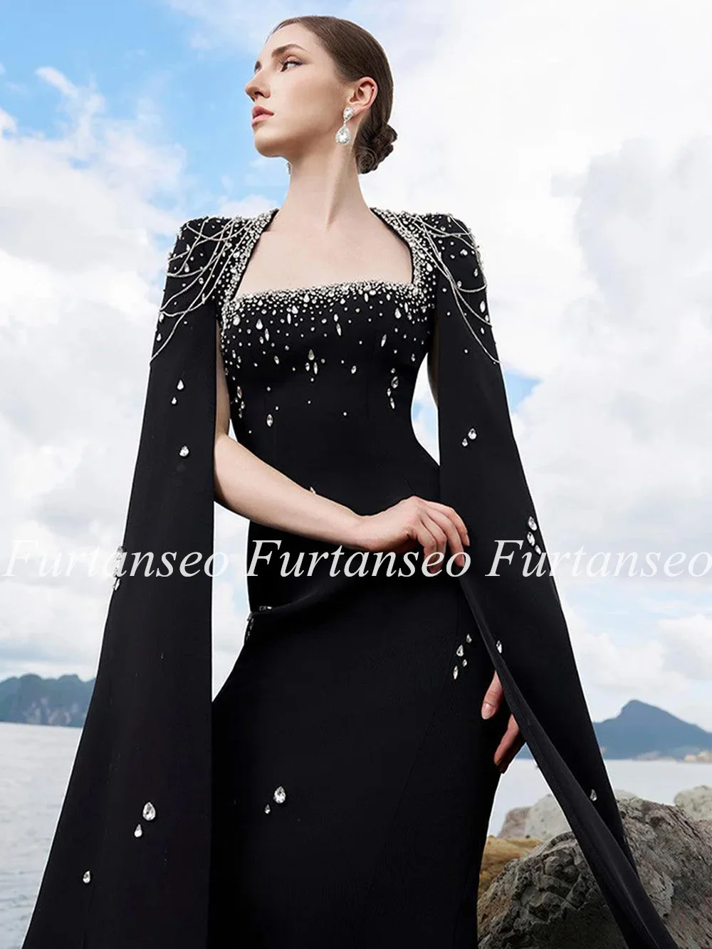 Saudi Arab Formal Occasion Dresses Customized Crystal Rhinestone Black Party Gown Floor Length Arabian Evening Dress for Woman