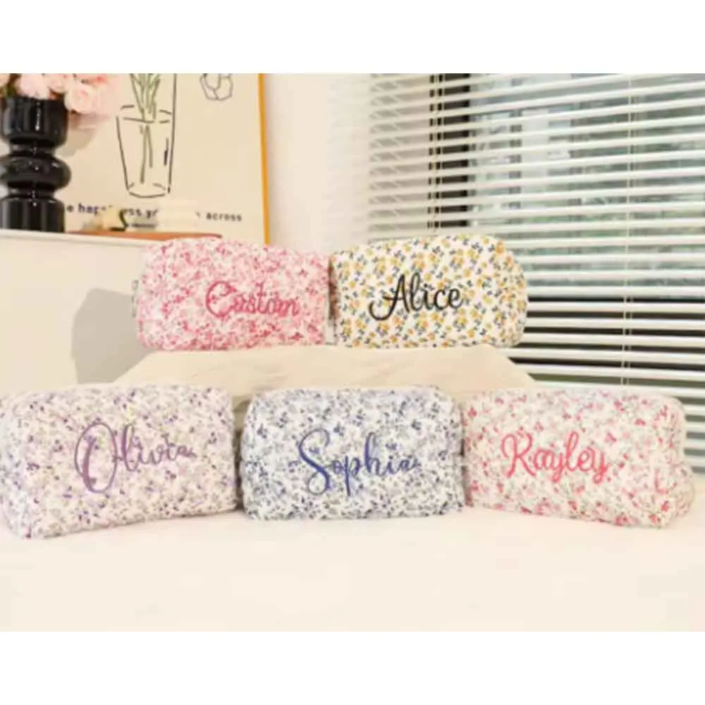 Personalized Floral Makeup Bag Women's Cotton Fabric Storage Bags Travel Toiletry Bag Custom Embroidered Birthday Gift for Girls