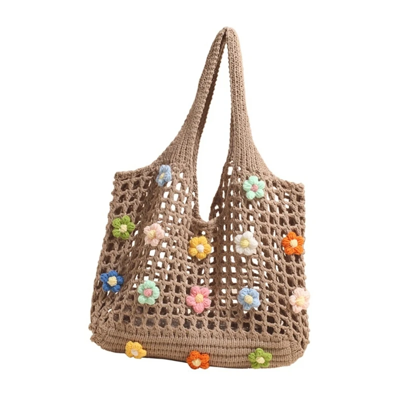 

652F Women Knitted Shoulder Bag with Flowers Shopping Bag Hollow Mesh Handbag Aesthetic Armpit Bag Fashion Beach Bag
