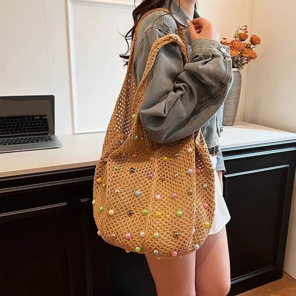 

Solid Color Knitting Shoulder Bag Beaded Decoration Large Capacity Bohemian Crochet Tote Bag Hollow Out Versatile