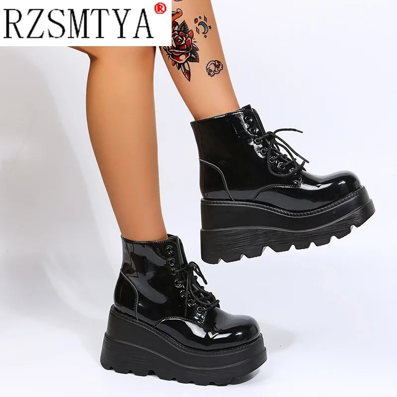 Fashion Trendy Platform High Heels Ankle Boots Women Autumn Winter Add Plush Wedges Shoes High 8cm Stylish Plus Size 36-43