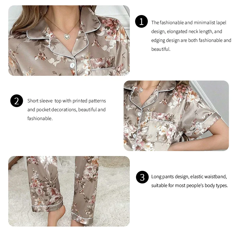 Pajama for Women Flower Print Satin Sleepwear Casual Home Clothes Autumn Short Sleeve Buttons Lapel Top&Pants Pajamas Loungewear