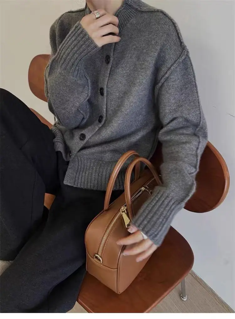 European goods autumn and winter 100%wool cardigan women's loose irregular stand-up collar sweater jacket soft knitwear