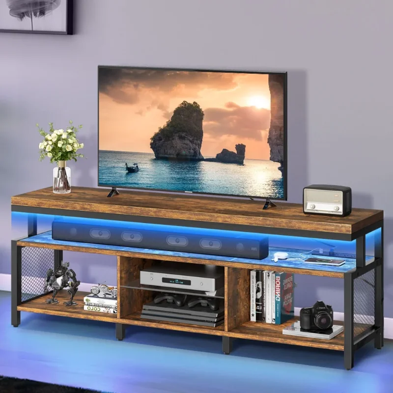

LED TV Stands w/Power Outlets, Industrial TV Stand for 55/60/65/70 inch, Retro Brown