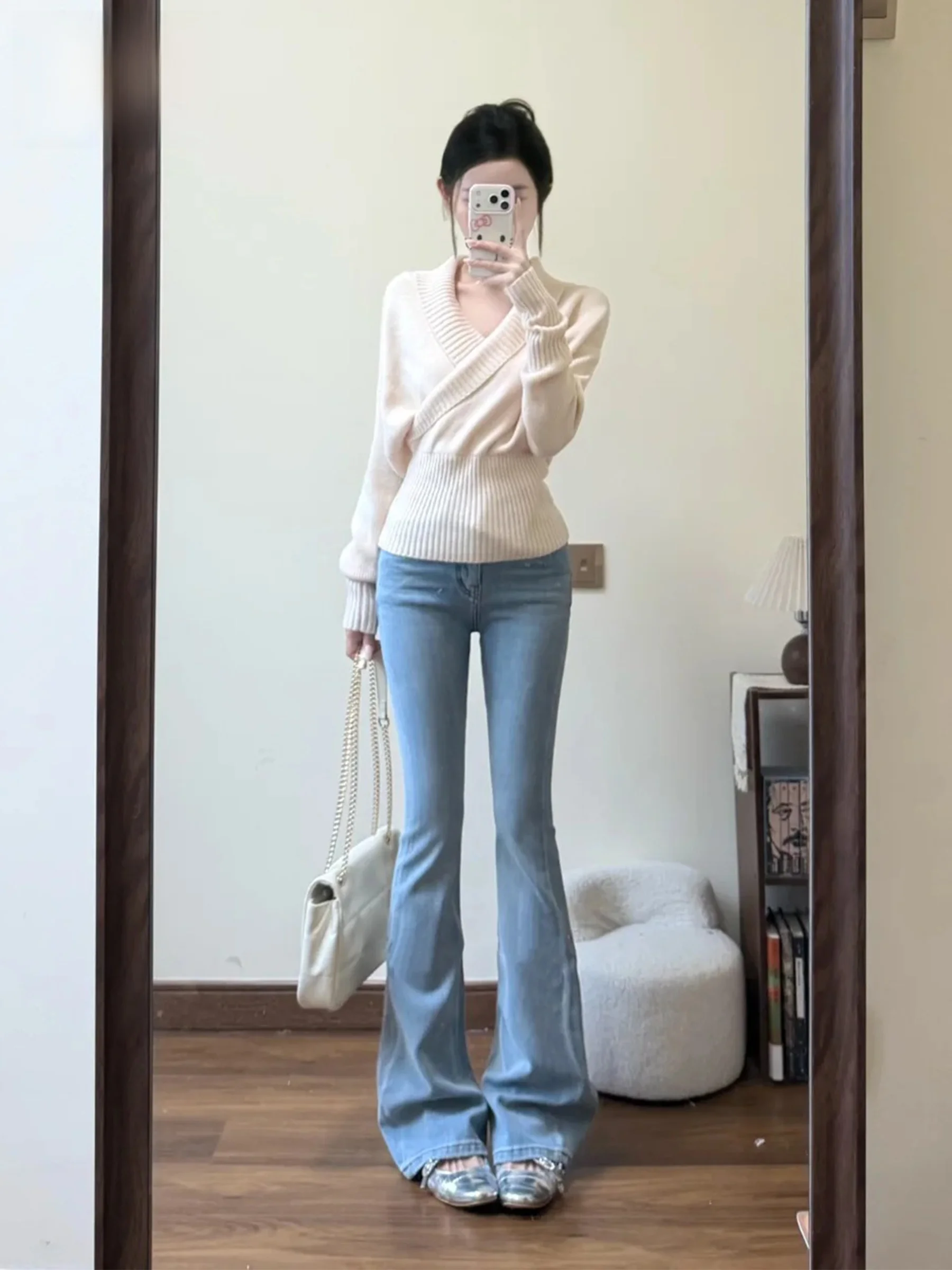 

High Waist Bell Bottom Denim Jeans Women's Slim Fit Washed Light Blue Spring Summer Casual Fashion Ladies Jeans