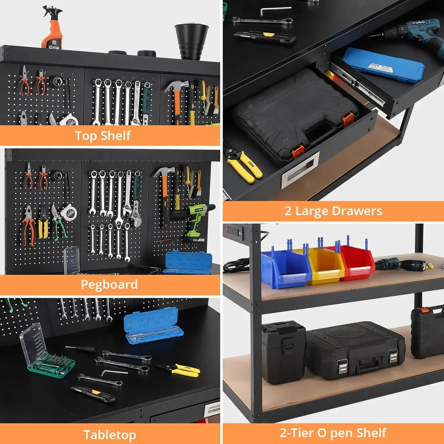 Établi à outils en acier rapide avec prise de courant, table de travail à 3 niveaux, 2 MEL, panneau perforé, capacité de charge de 1000 lb