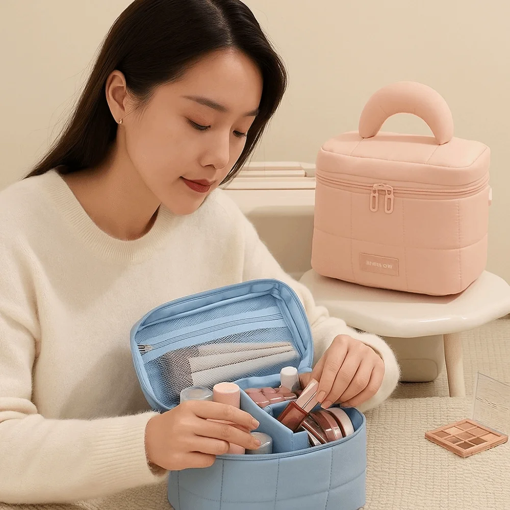 

Large Capacity Women's Cosmetic Bag Handheld Multi-pocket Travel Toiletry Bag Solid Color Waterproof Cosmetic Case Girls