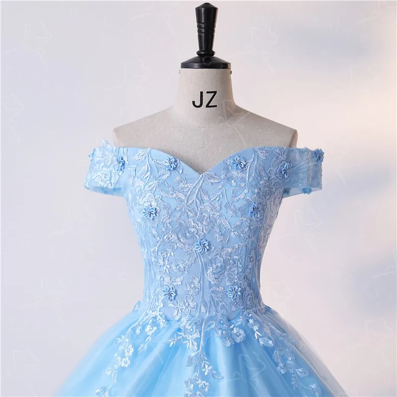 Light Blue Quinceanera Dress With Trian Sweet Flower Party Dress Luxury Ball Gown Real Photo Boho Prom Dress Plus Size