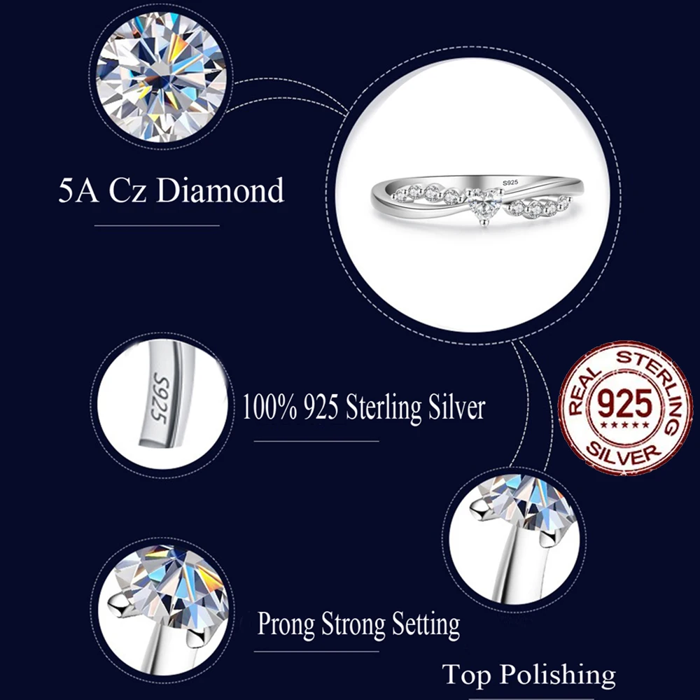 CWWZircons 100% 925 Sterling Silver Heart CZ Wedding Bands Promise Rings for Women Brides Fine Engagement Party Jewellery SR028 — zdjęcie 3