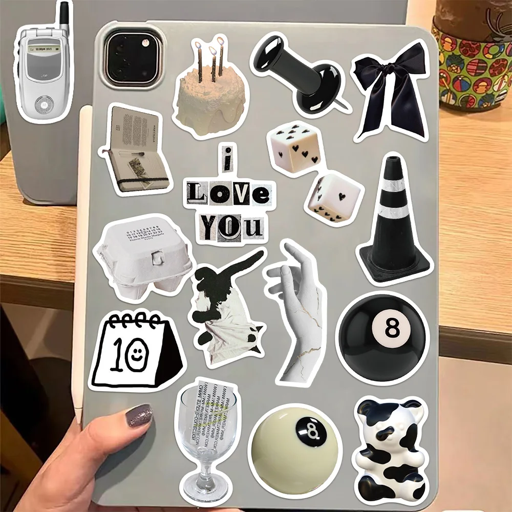 50PCS Black and White Minimalist Cartoon Sticker Bag DIY Sticker Label Tablet Water Cup Decoration Sticker