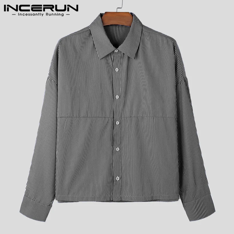 INCERUN Tops 2024 Korean Style Handsome Men\'s Simple Thin Stripe Design Shirts Casual Streetwear Lapel Long Sleeved Blouse S-5XL