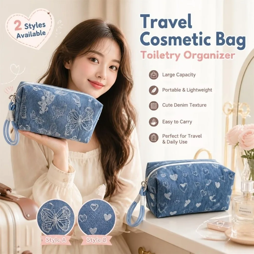 Large Capacity Butterfly Print Cosmetic Pouch Puffy Washable Storage Pouch Organizer Heart Zipper Clutch Handbag