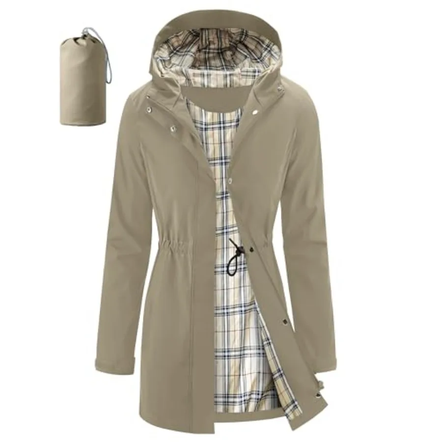 iCreek Women's Rain Jacket Packable Long Raincoat Hooded Plaid Lined Trench Coat Waterproof Windproof Lightweight for Outdoor view 2