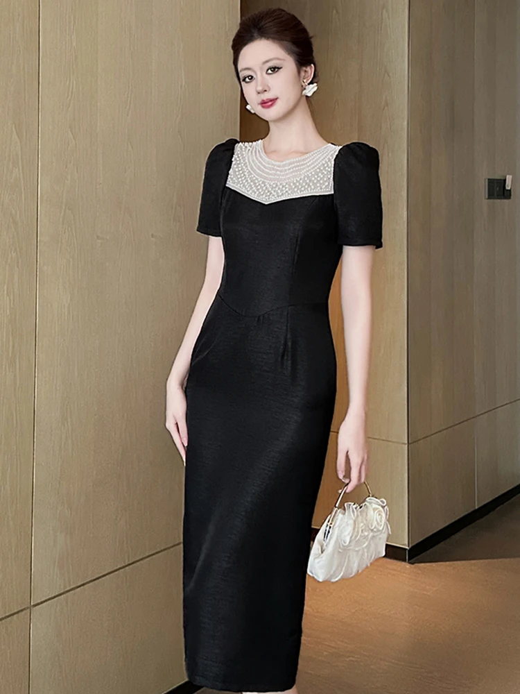 Vêtements pour femmes de luxe hôte Robe d'anniversaire Femme élégante exquise perle mince Robe mi-longue Femme robes de bal dame Banquet fête