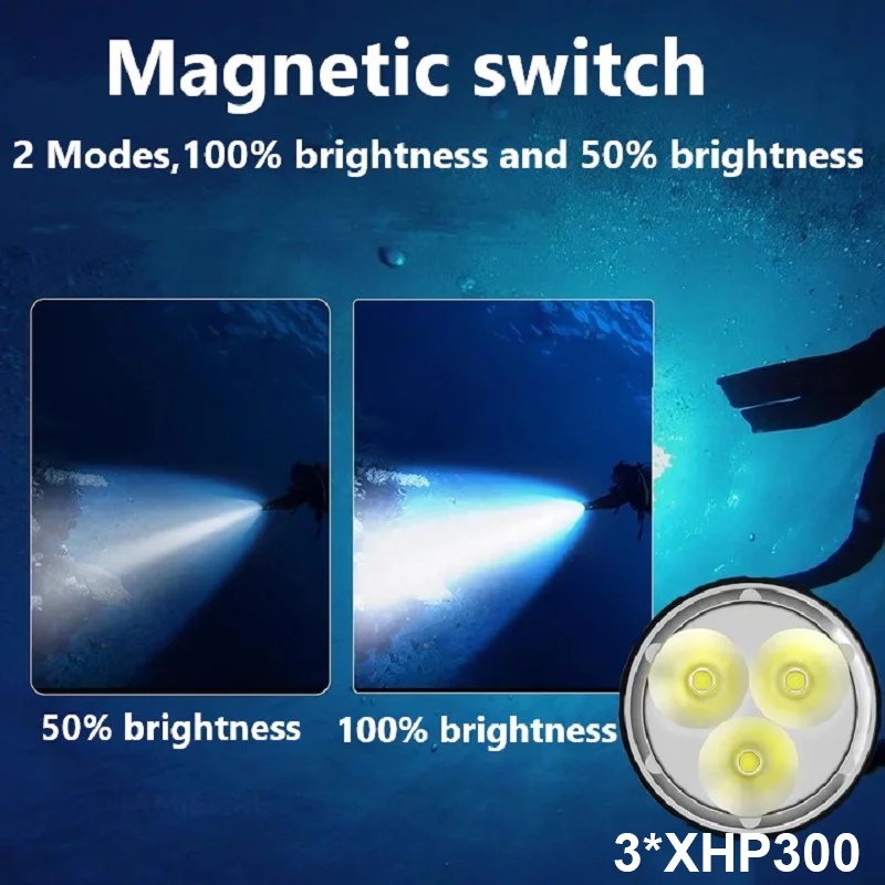 Powerful 3*XHP300 LED Diving Flashlight Super Concentrated Underwater Torch Professional 1000M IP8 Waterproof Diving Flashlights