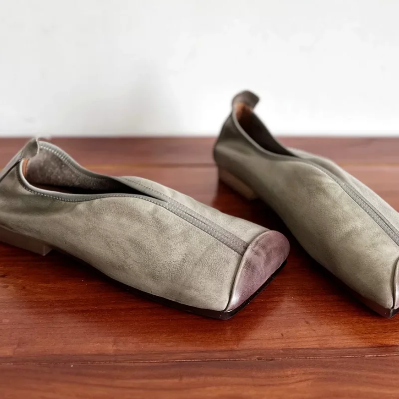 Pleated Shoes for Womens Square Toes Flat Heels Shallow Female Ballets Solid Lady Sewing Lines Chassure Femme Stitching Zapatos
