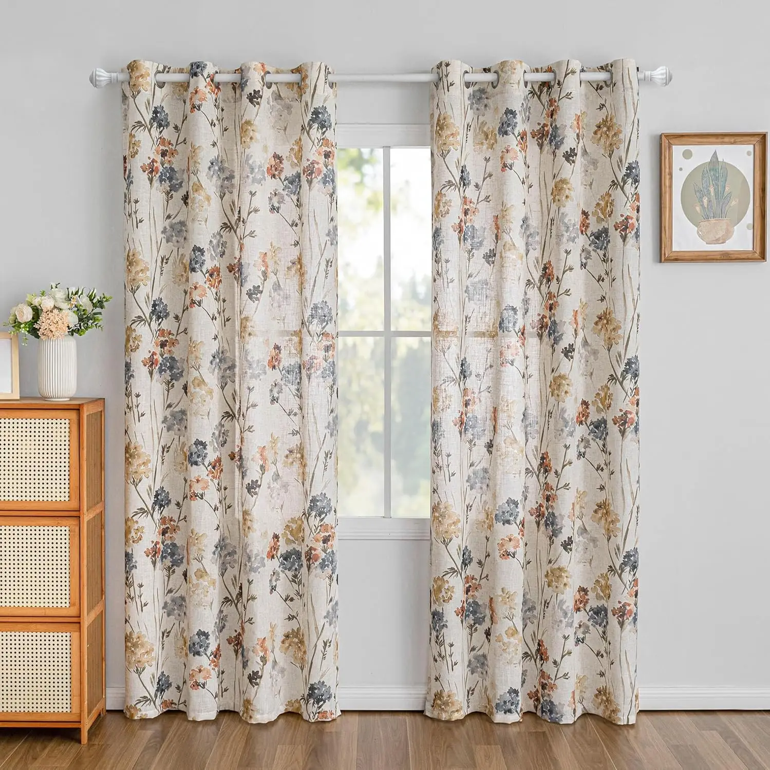 Yellow 2-Panel 84-Inch Grommet-Top Floral Linen Curtains, 52 × 84 Inches, Summer Flower Print, Semi-Sheer Light-Filtering Farmhouse Drapes for Living & Dining Rooms
