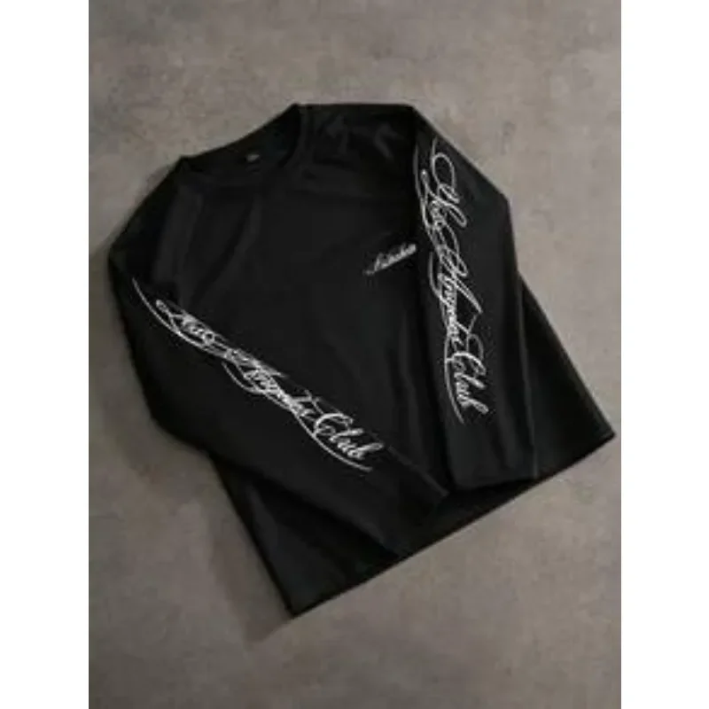 Unisex Y2K Long Sleeve T-Shirt Chicano Cursive Letter Print Minimal Streetwear Casual Crew Neck Top Vintage T Shirt