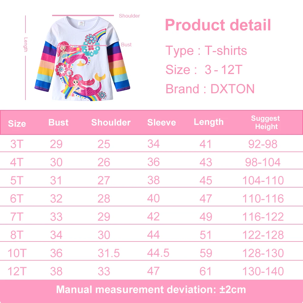 DXTON Girls Long Sleeve T-shirts Mermaid Print Children Clothing Kids Casual Tops Cartoon T-shirt Girl Cotton Outwear 3-12 Years