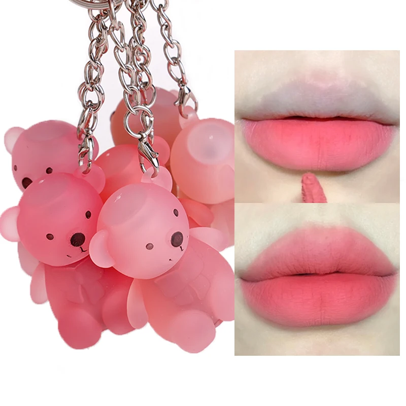 New 12 Colors Cute Bear Keychain Lip Mud Sexy Red Pink Matte Velvet Liquid Lipstick Waterproof Long Lasting Lips Makeup Cosmetic