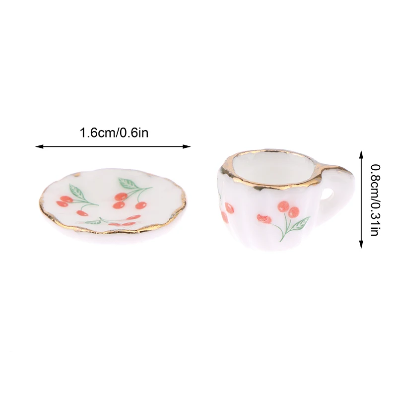 1Set 1:12 Dollhouse Miniature Cherry Ceramic Cup Saucer Model Kitchen Tableware For Doll House Decor Kids Pretend Play Toys