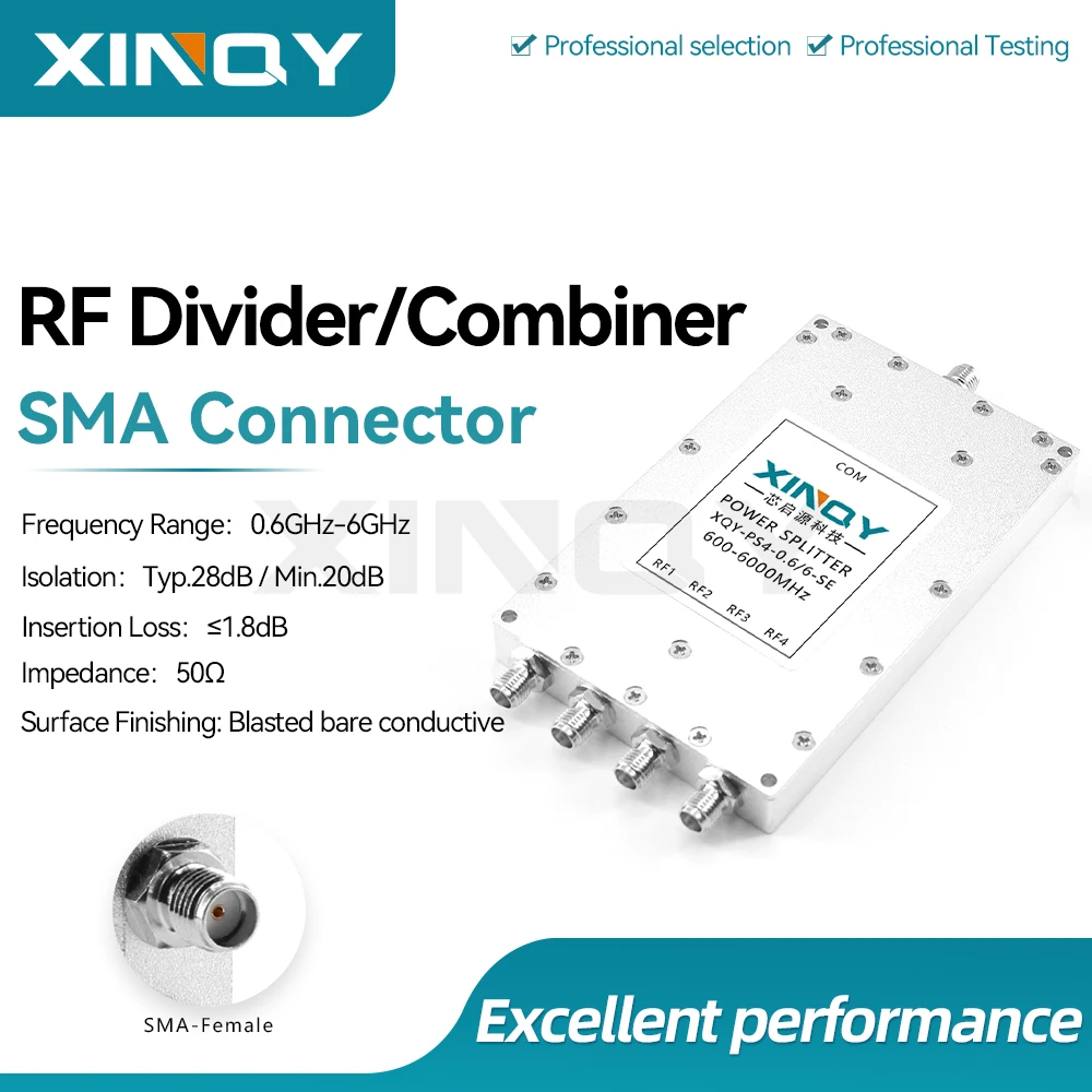 XINQY RF Combiner, 0.6-6GHz Power Splitter, 4-Way Signal Divider, SMA Female, for WiFi/Bluetooth Testing