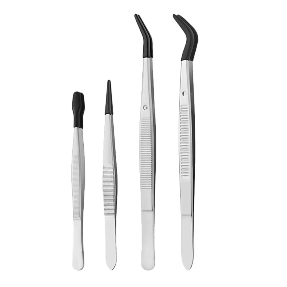 

4Pcs Stainless Steel Anti-Slip Tweezers Set with Silicone Tips for Eyelash Application Stamp Handling Coin Sorting Crafting