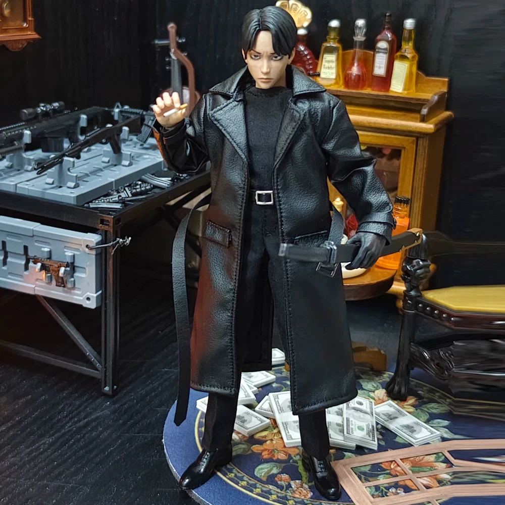 1/12 Scale Male Soldier Black Trend Mid-length Leather Trench Coat Clothes for 12'' Action Figures Accessories Body Model