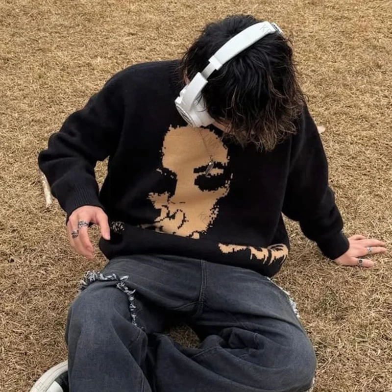 

Autumn Winter Gothic Harajuku print High street Fashionable Classic Versatile Unisex Sweater Oversized Style Knitted Sweater emo