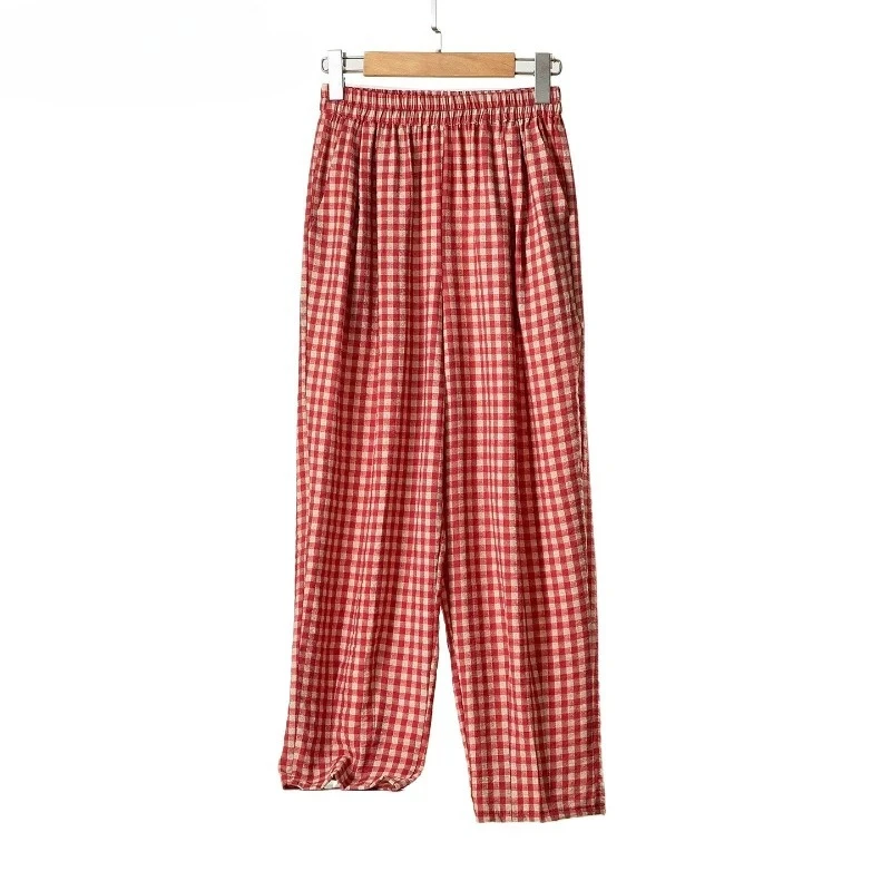 Rood geruite print 76% natuurlijke moerbeizijde textuur elastische taille dames dubbele zak losse casual harembroek