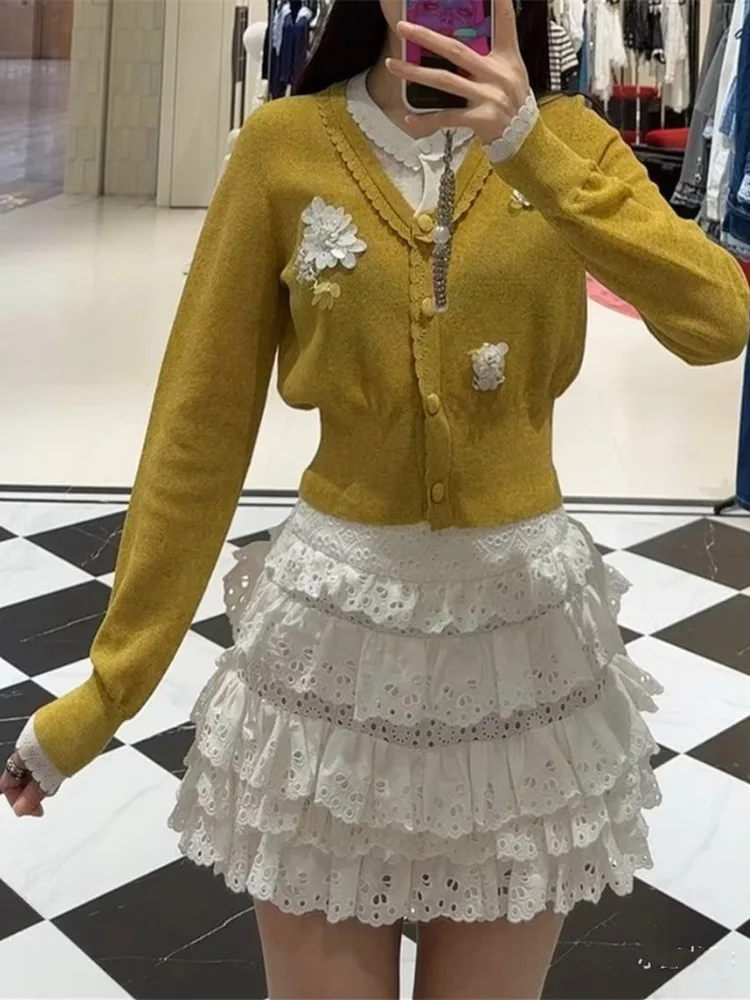 

High-End European Sle Autumn Winter Faion V Women's Knitted Design Sensation Fake Two-Piece Cardigan
