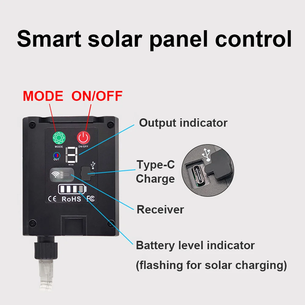 Imagem -04 - Luzes de Corda Solares tipo c Inteligente Alta Eficiência Controle Remoto Impermeável Natal e Exterior 5m 10m 15m