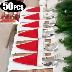 50Pcs Christmas Hats For Tableware Decorations Xmas Hat Family Party Small Christmas Hat Fork Knife Holder Bag New Year Gifts