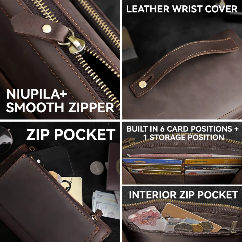 Top Layer Cowhide Clutch Wallet For Men Vintage Genuine Leather Long Wallet Organizer Phone Purse Handbag Clutch Bag