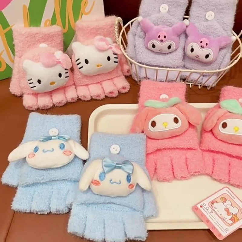 Hello Kitty Sanrio Cinnamoroll Kuromi Winter Plush Flip Gloves To Keep Warm And Cold-Proof Girls Cute Cartoon Gloves Fingerless