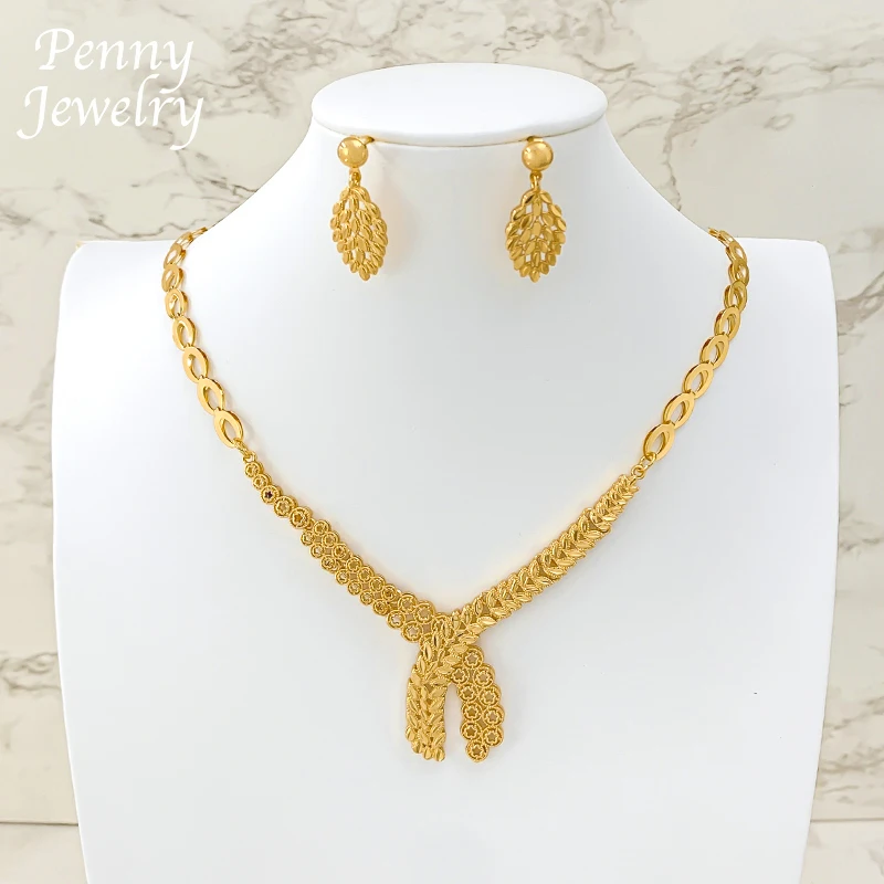 Klassisches böhmisches Dubai-Schmuckset mit 18 Karat vergoldetem Gold für Frauen, arabischer goldener Schmuck, Halskette, Ohrringe, Brautparty, Hochzeitsgeschenk