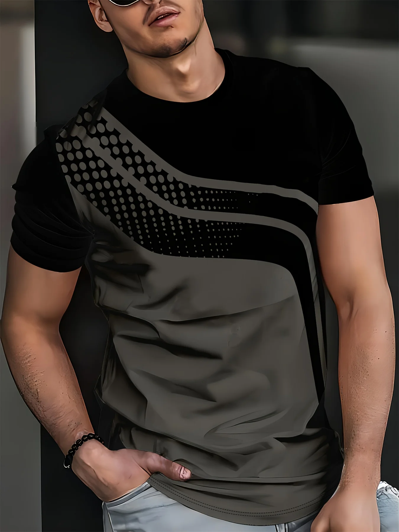 Men's Fashion Digital-Print Short-Sleeve T-Shirt (Black & Grey Stripes) – Quick-Dry Top for Casual Business Wear