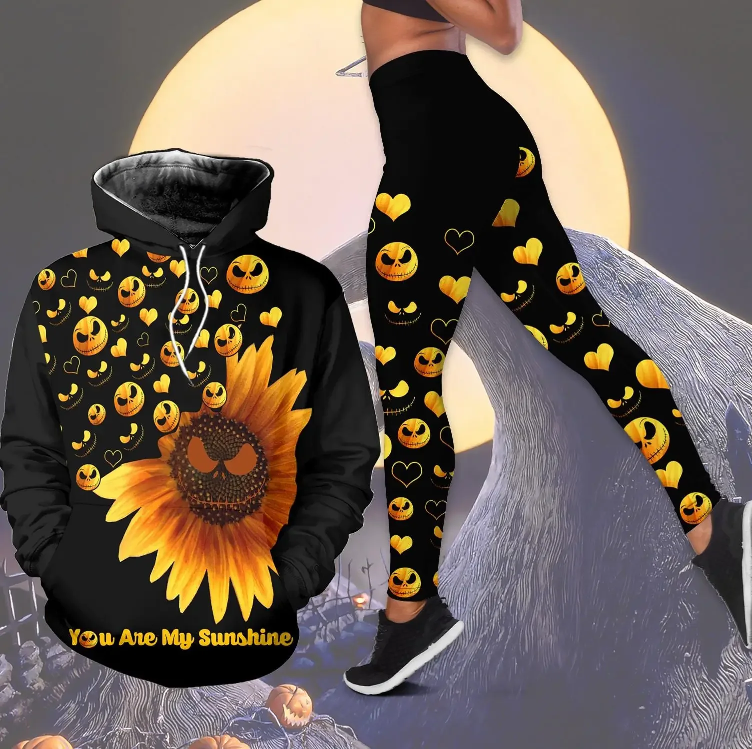 Jack skellington conjunto de leggings com capuz feminino conjunto de calças de yoga sweatpants disney yoga com capuz leggings moda conjunto de agasalho