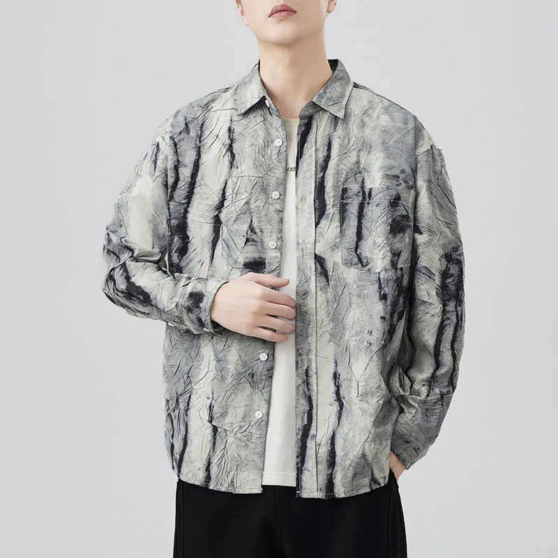 

2026, весенне-осенняя новая модная свободная рубашка с длинным рукавом с принтом для мужчин, простые классические повседневные рубашки-карго