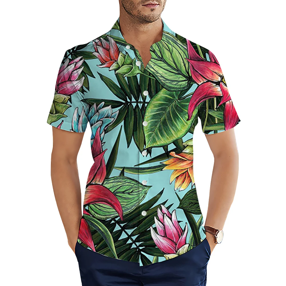 HX Hawaiian Beach Shirts Polynesia Tropical Plant Leaves Flower Printed Casual Shirt 3D Graphic Tops Ropa Hombre