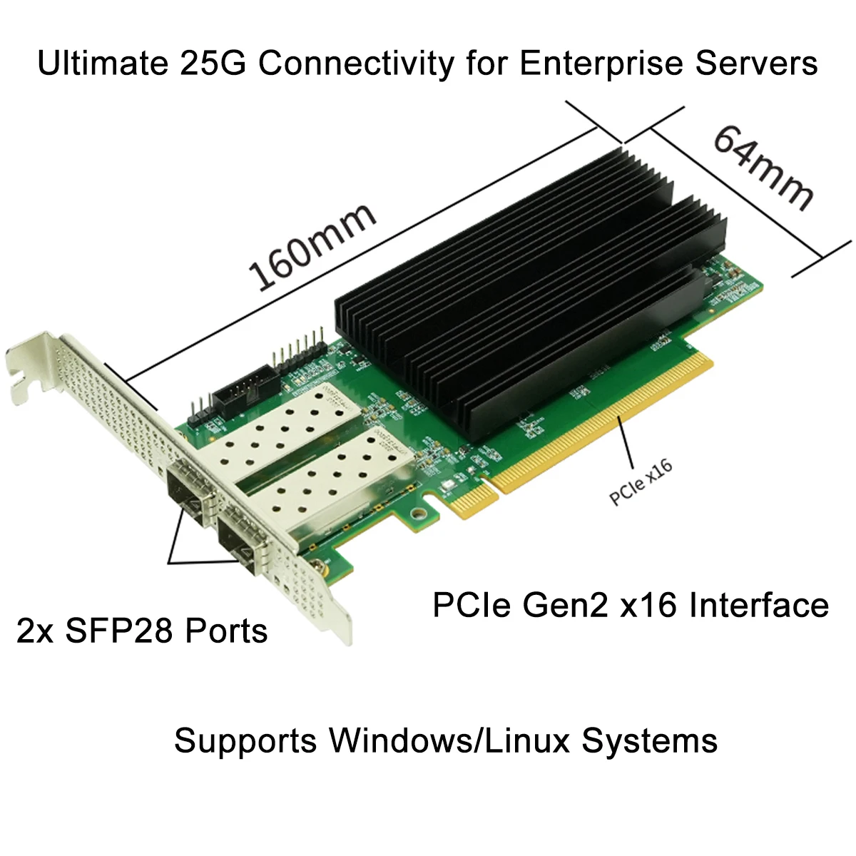 2 Port 25G SFP28 PCIe x16 Network Adapter Card for Windows/Linux Server, SR-IOV, Hardware Offload Supported