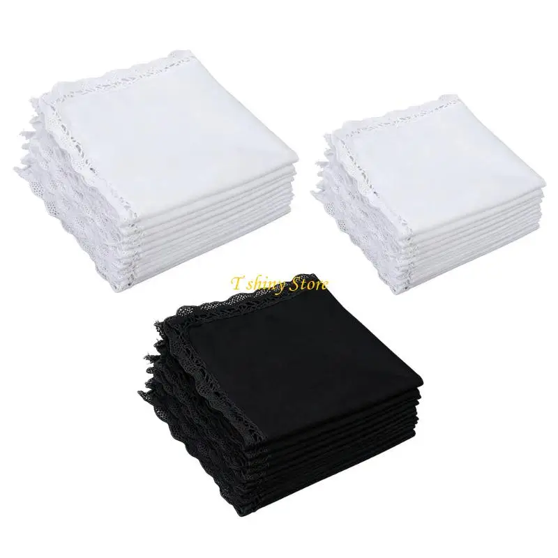 N58F Fashionable Lace Accent Cotton Handkerchief For Him Her And Children