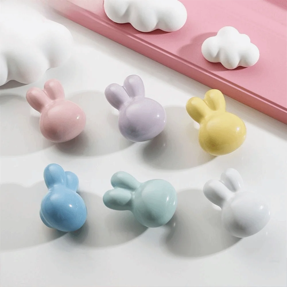 Single Hole Ceramic Drawer Knobs Solid Metal Thread Rounded Soft Edges Cartoon Furniture Handles Smooth Glossy Ceramic