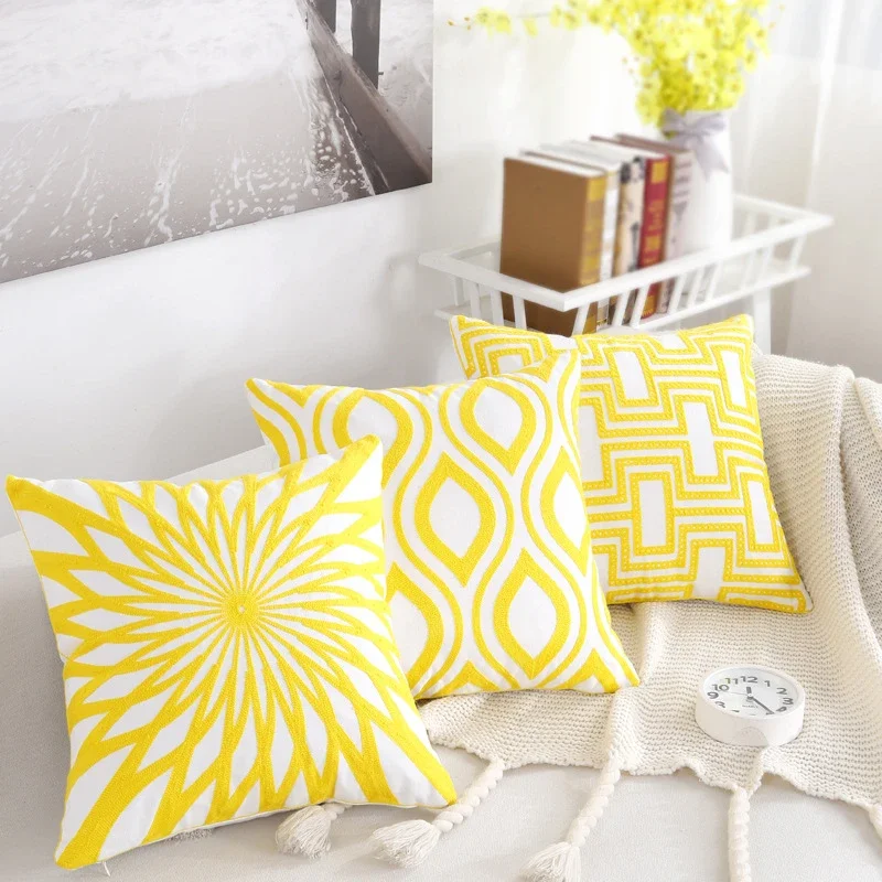 New 100% Cotton Woolen Embroidery Pillowcase Gray Yellow Geometric Modern Nordic Style Pillow Cover Cotton Sofa Bed Cushion Case