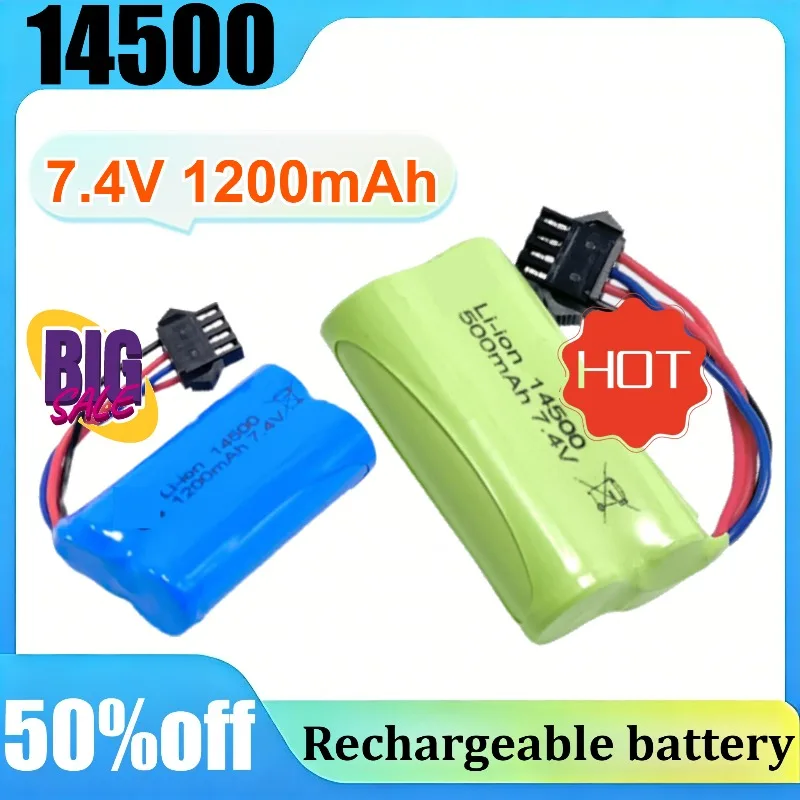 

2Pcs 14500 Li-ion Battery 7.4V 1200mAh Rechargeable with SM-4P Connector for Remote Control Car, Audio System, Cordless Phone