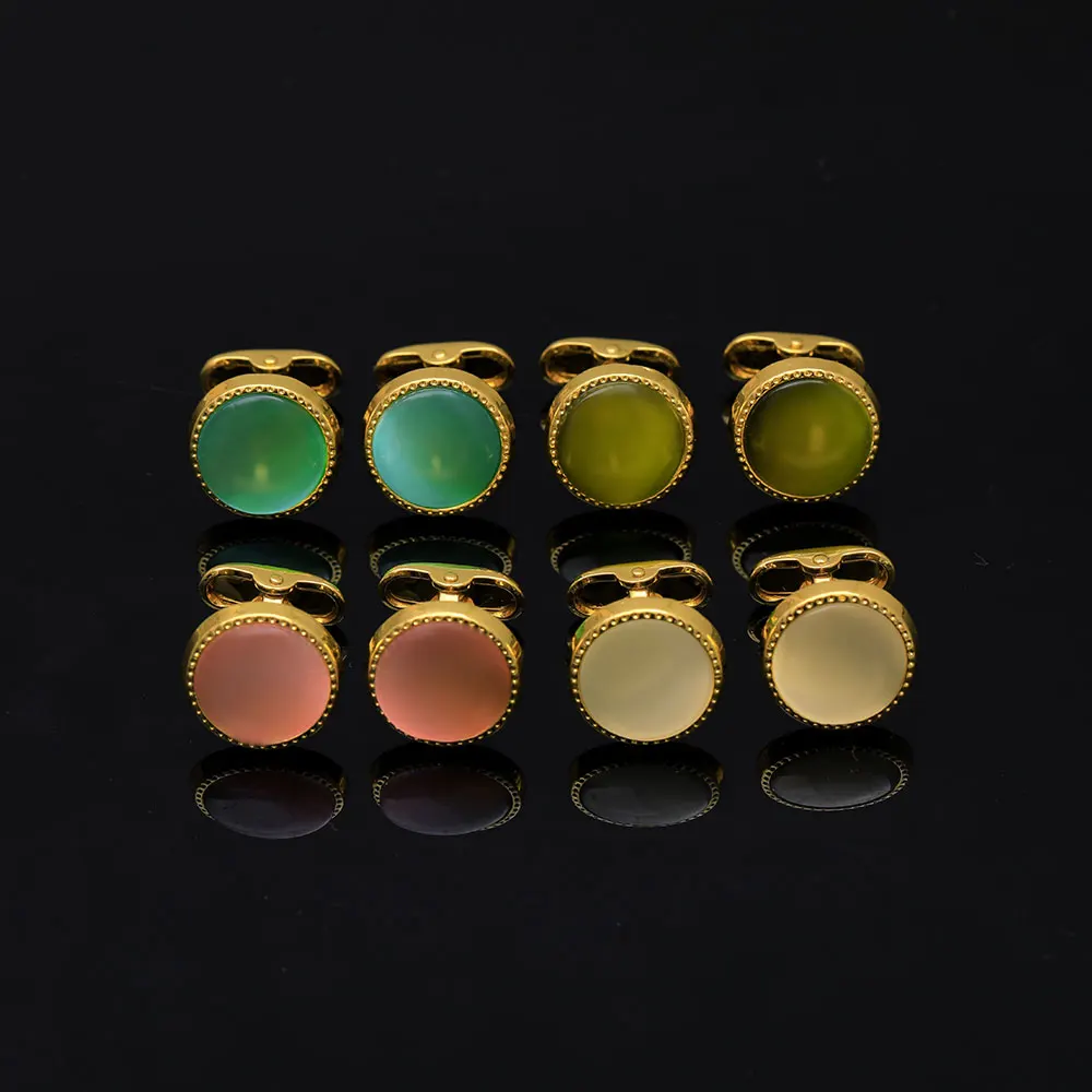 Gemelos redondos de ópalo bonitos para hombre, colores blanco, verde, rosa y azul, botón de manga de piedra, cierre trasero de ballena único