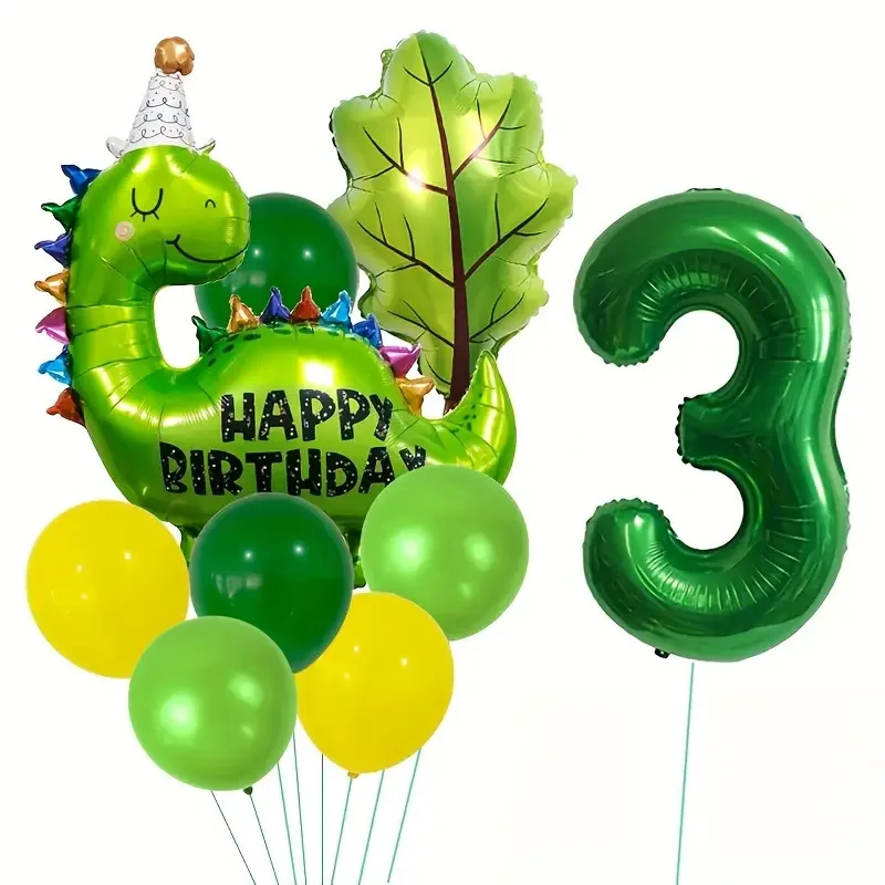 9 Uds. Globo de aluminio con números temáticos de dinosaurio verde de dibujos animados bonitos para Baby Shower, globo decorativo para fiesta de cumpleaños